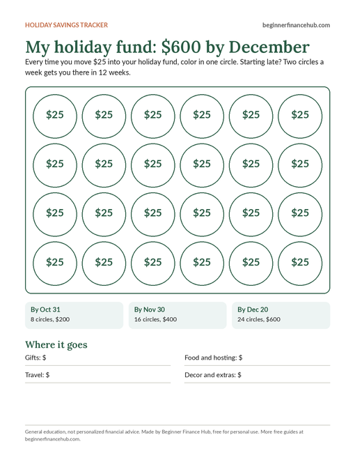 Free printable holiday savings tracker: 24 circles of $25 to save $600 by December