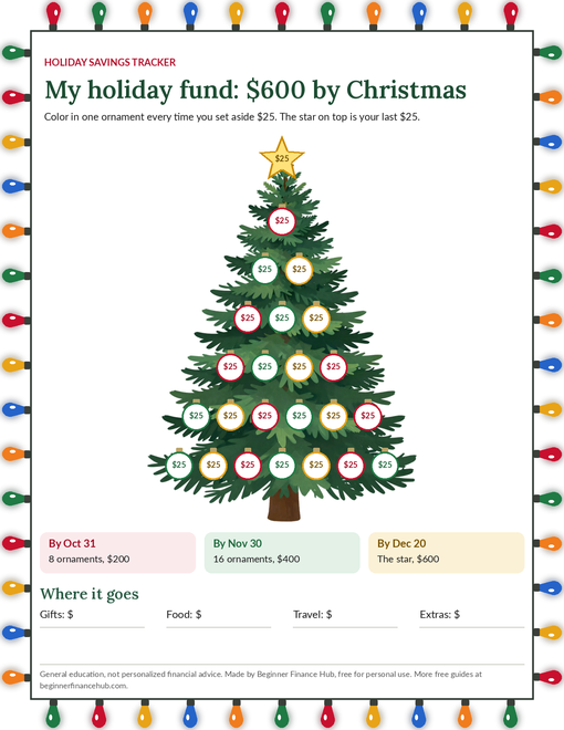 Free printable Christmas tree savings tracker: 23 ornaments and a star, $25 each, to save $600 by Christmas