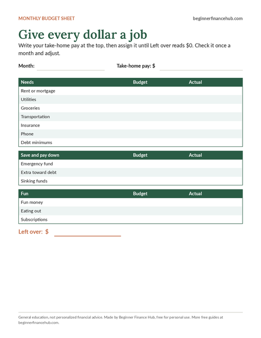 Free printable monthly budget worksheet with budget and actual columns
